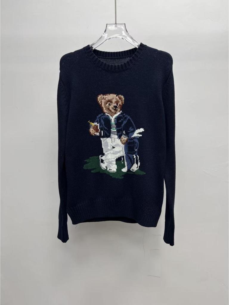 2025 R.L Wool Blend Cartoon Bear Round Neck Sweater - Women's Autumn/Winter Versatile Embroidered Style
