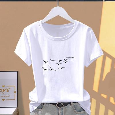 (Asian Size) Graphic Tee Casual T Clothing Print Female Bird Trend Style 90s Casual Women's Top Fashion Short Sleeve T-shirt