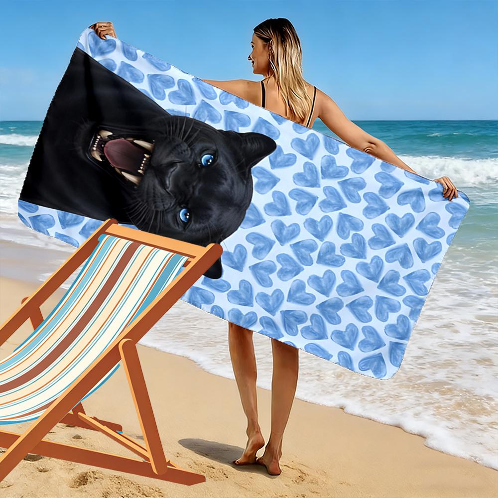 Black Panther with Blue Hearts Background Beach Towel Quick-drying for Travel Outdoor Sports Jogging Beach and Swimming