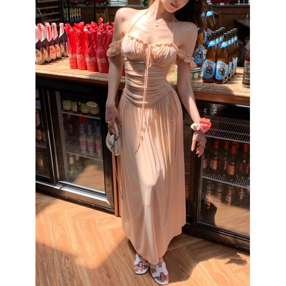 

Чистое сладко-розовое платье с открытыми плечами, летняя красота, морской отдых, талия, платье А-силуэта, темпераментное XL- (recommended 110-60kg)