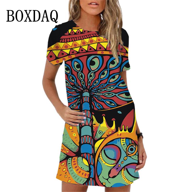 Vintage Abstract Landscape Fish Pattern Print Dress For Women Short Sleeve Clothing New 2024 Summer Dress Casual Mini Dress