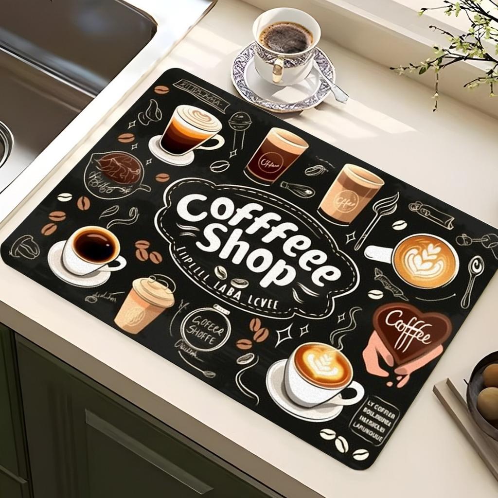 Classic Coffee Design Dish Drying Mat Soft Rubber Non Slip Absorbent Polyester Stain Resistant For Kitchen Coffee Bar Countertop