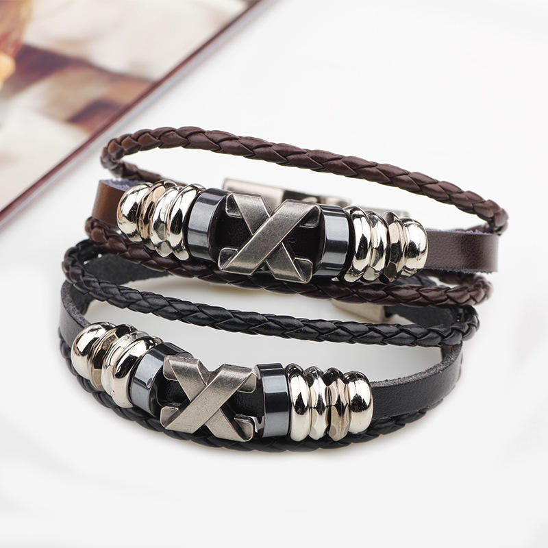 SCIONE Cowhide Bracelet X Letter Retro Bracelet Stainless Steel Accessories Bracelet