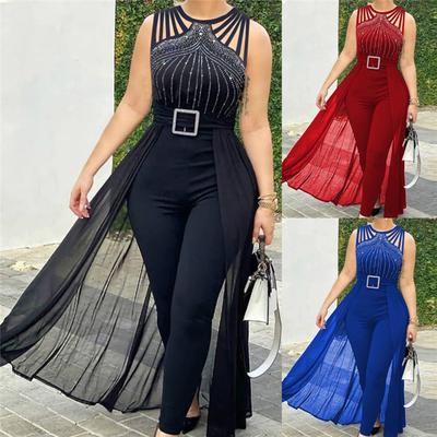 Sexy Damen-Jumpsuit mit Rundhalsausschnitt, durchsichtigem Netzstoff, ärmellos, mit Stempelmuster