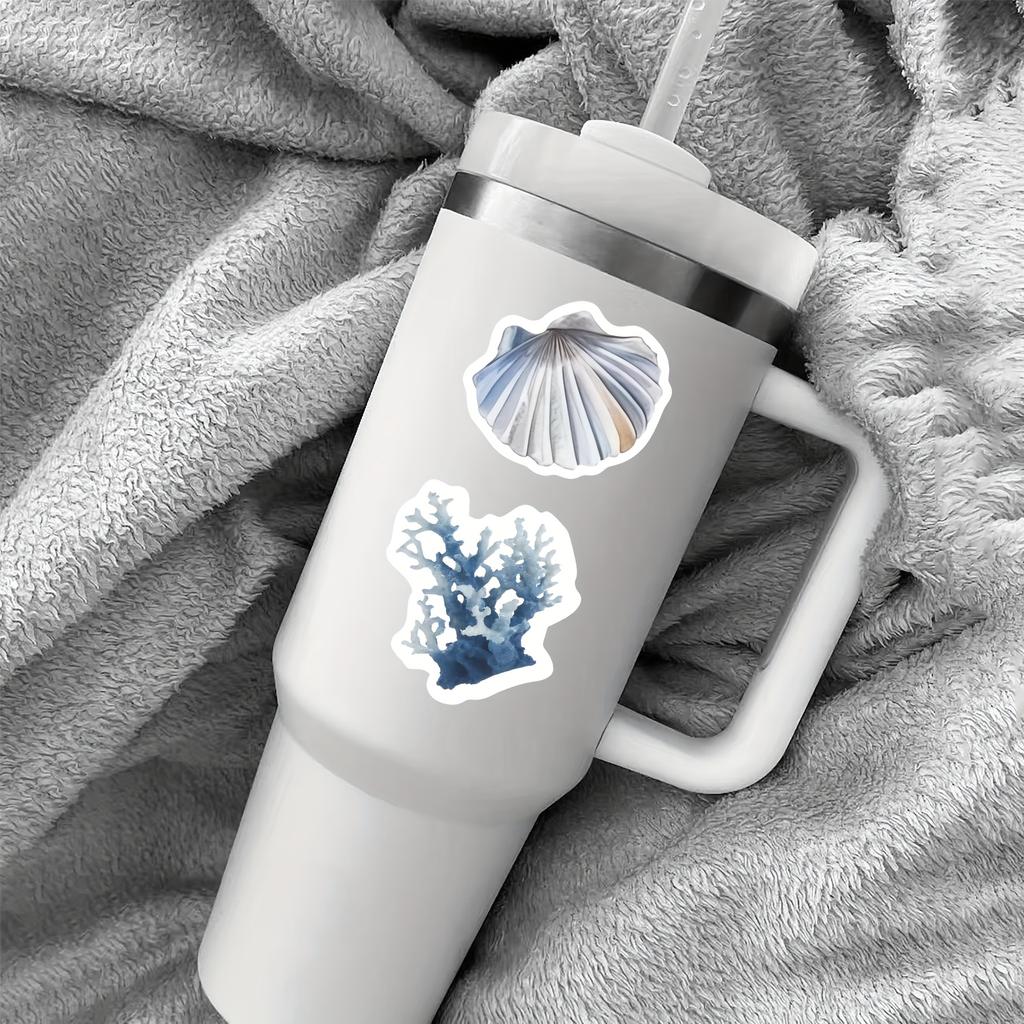 53pcs Blue Ocean Seashell Marine Life Stickers Aesthetic Watercolor Starfish Coral Whale Decals Laptop Journal Scrapbook Sticker