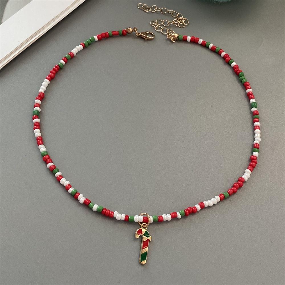 Christmas Necklaces for Women Girls Handmade Rice Beads X'mas Tree Santa Claus Snowman Gift Necklace Pendant New Year Jewelry