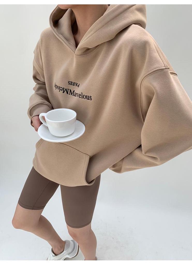 Hongshan Autumn 2025 Women's Age-Reducing Solid Color Long Sleeve Plus Velvet Hoodie