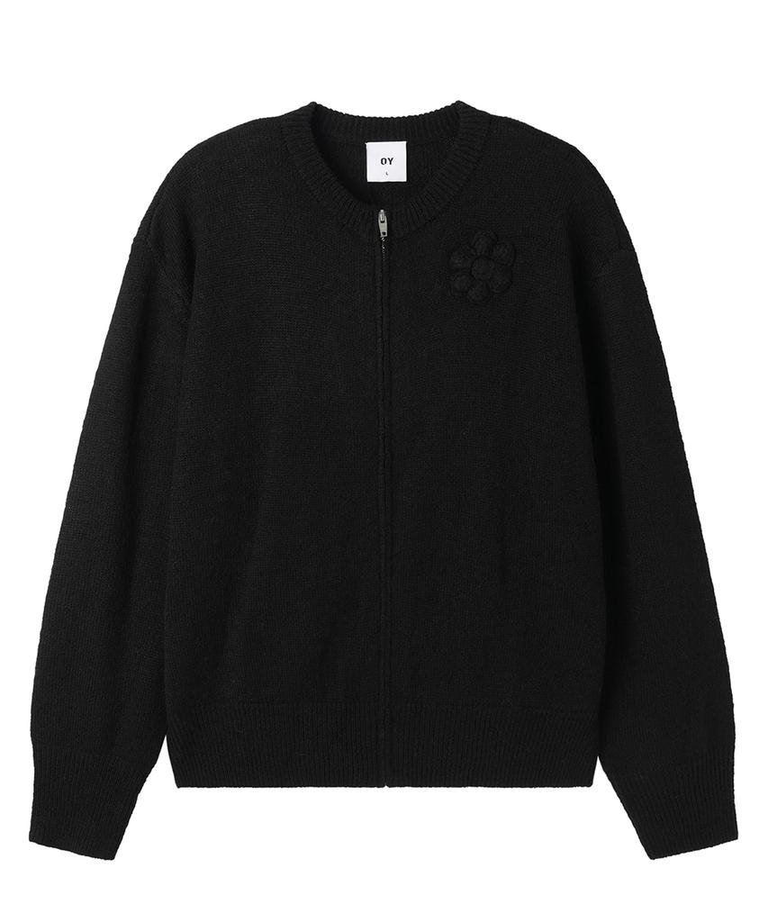 Openyard(Oy) Flower Corsage Zip Up Knit Cardigan - Black