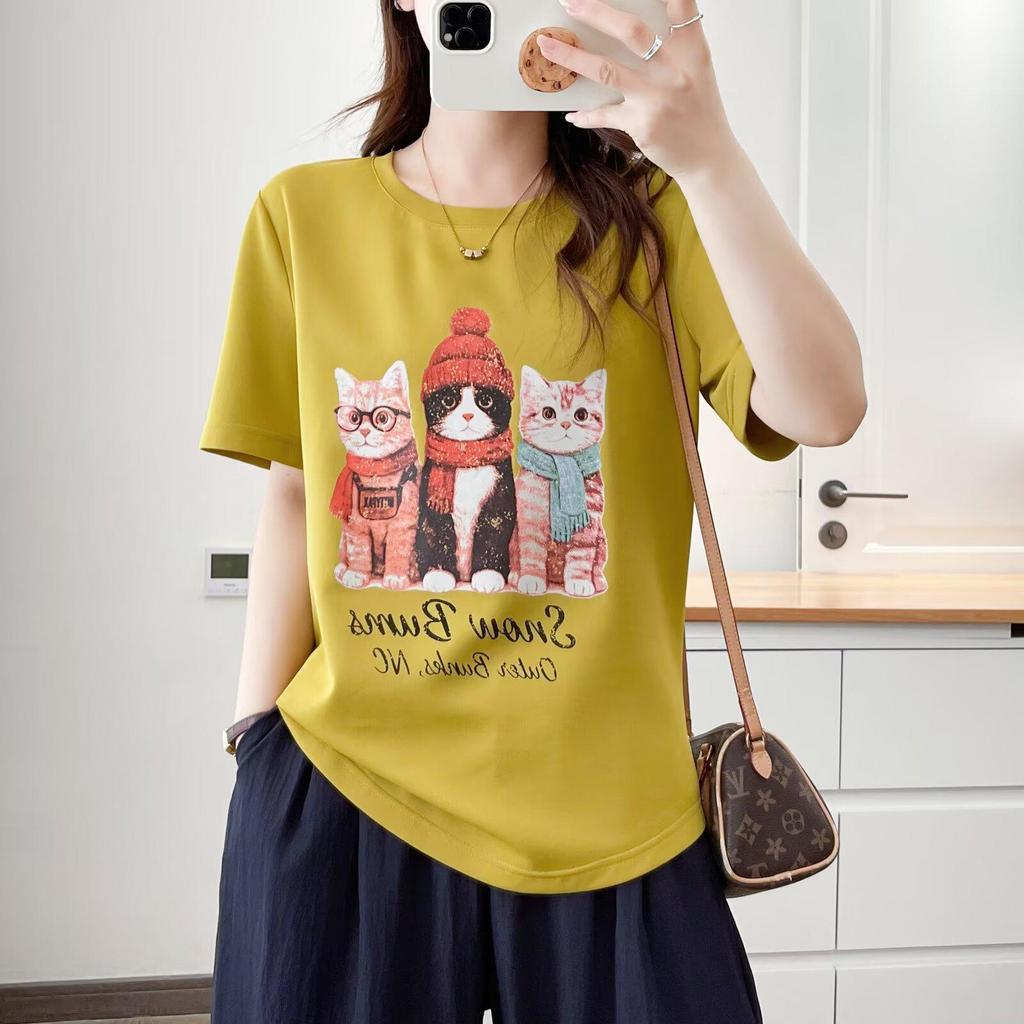 2026 Summer Korean Style Loose Fit Cartoon Cat Print Plus Size Pullover T-shirt for Women