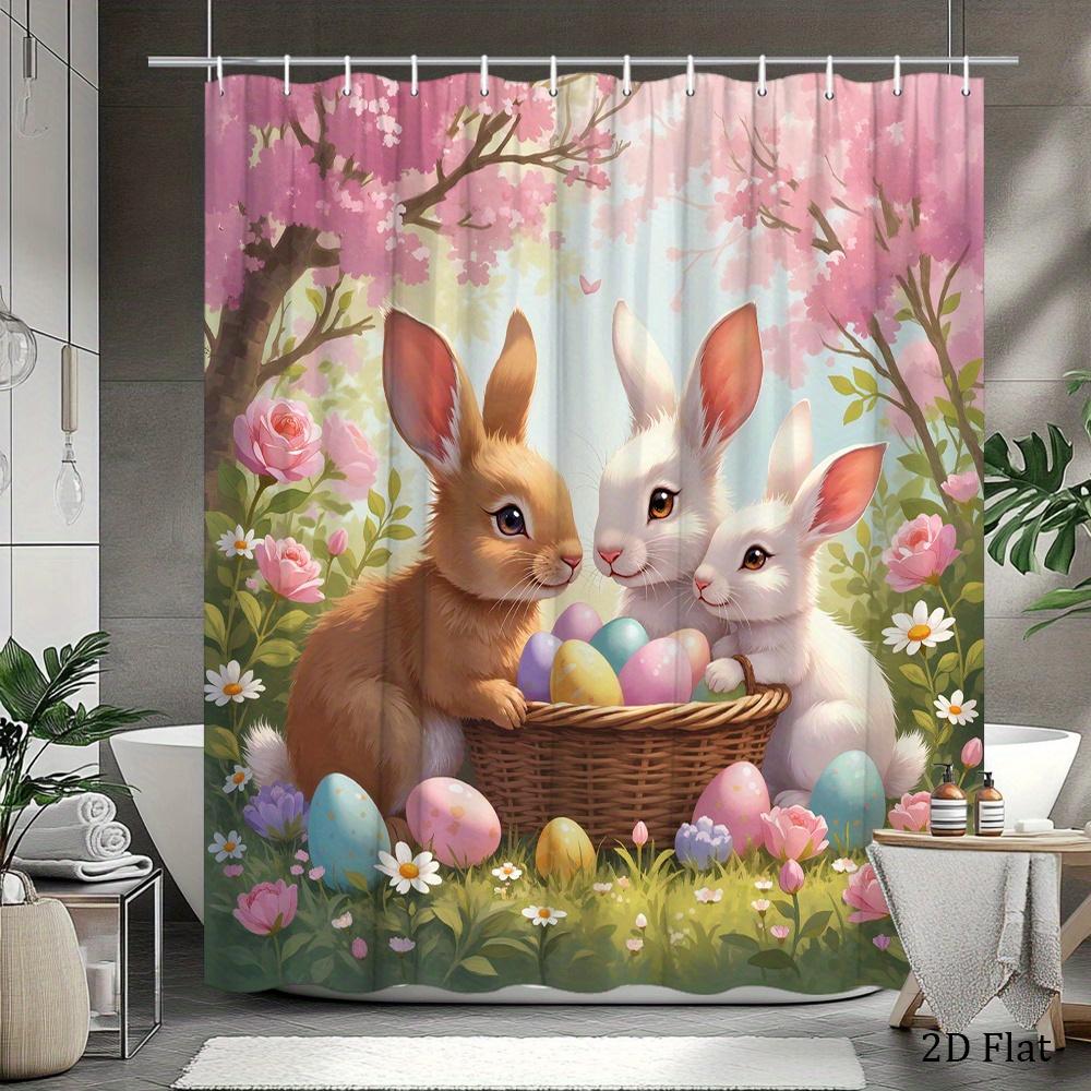 Easter Bunny Shower Curtain Machine Washable All Season Waterproof Privacy Protection Spring Design Cuteenhancespatialaesthetics