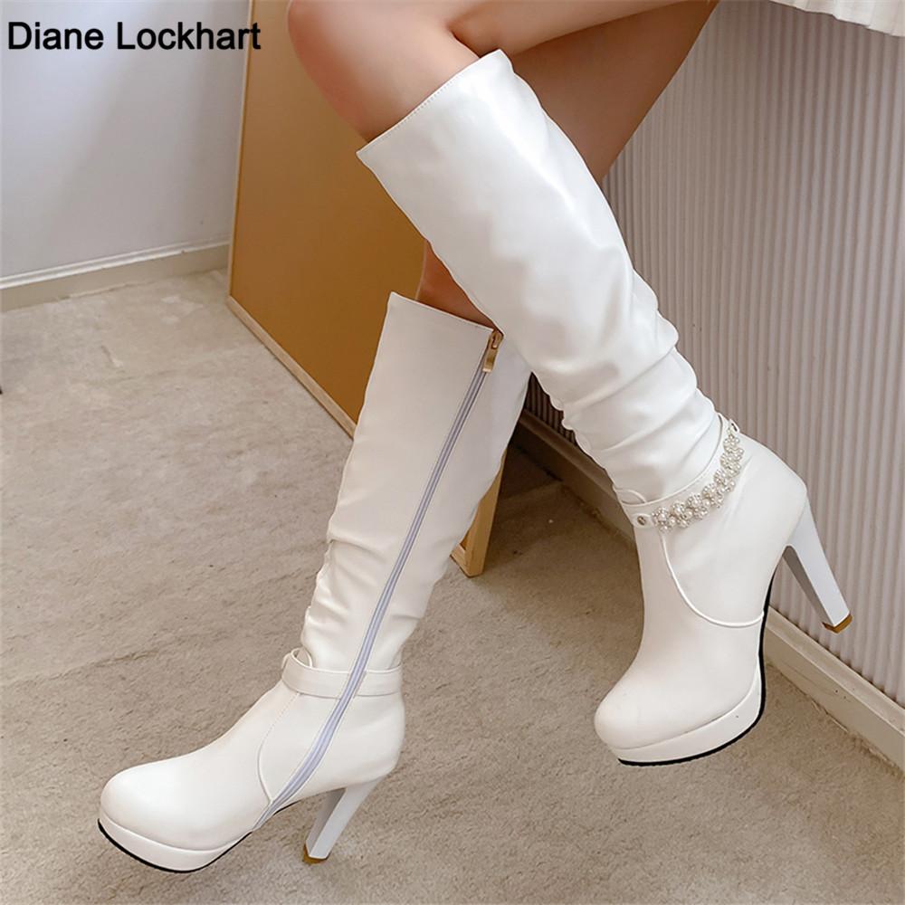 Fashion Women Winter High Boots Sexy High Heels Platform Knee High Boots Ladies Fashion Beaded Zipper White Black High Boots Shoes