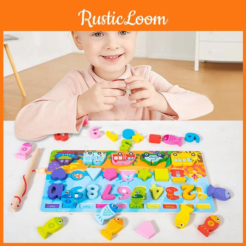 Wooden Fishing Childrens Logarithmic Board Letter Shape Pairing Toy Learning For