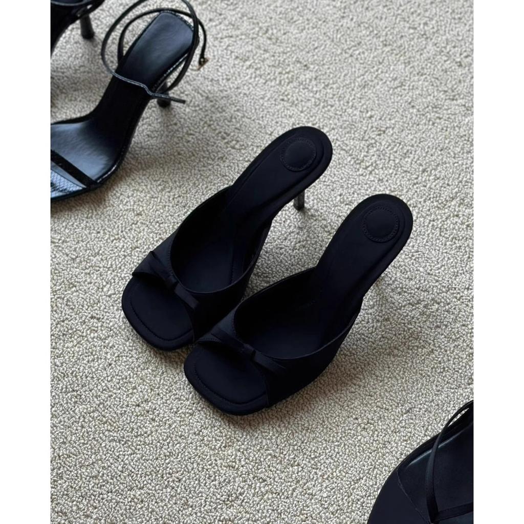 French Bow Open-toed High-heeled Sandals Women's 2025 Spring and Summer New Summer Wear Small Sandals One-word Slippers Half-drag