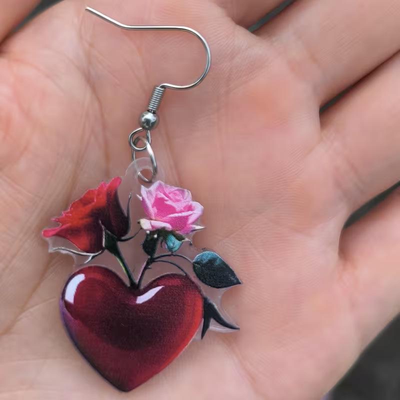 Blood Red Heart Rose Acrylic Earrings - Valentine's Day