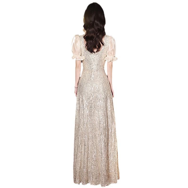 sequined evening dress dress female French long light luxury niche host banquet party shining evening dress