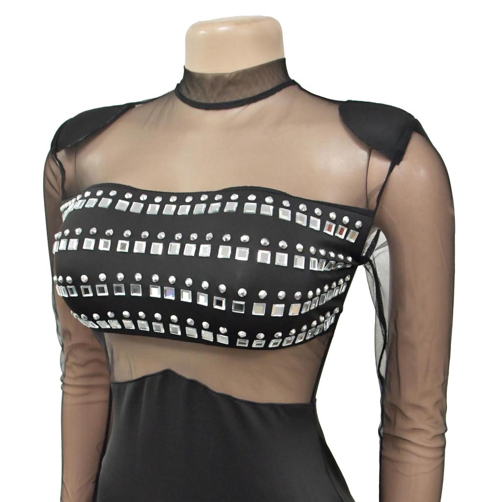 Women's Mesh Hot Drilling Long Sleeve Long Skirt Dress