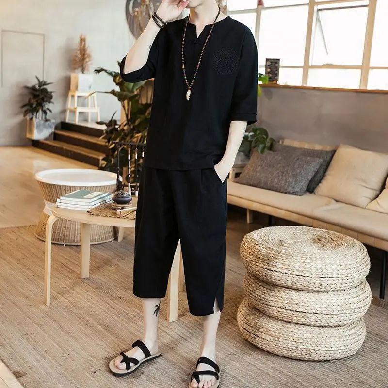Herren Leinen T-Shirt Anzug im chinesischen Stil: Sommerkleidung aus Baumwolle im Retro-Tang-, Zen- und Hanfu-Stil