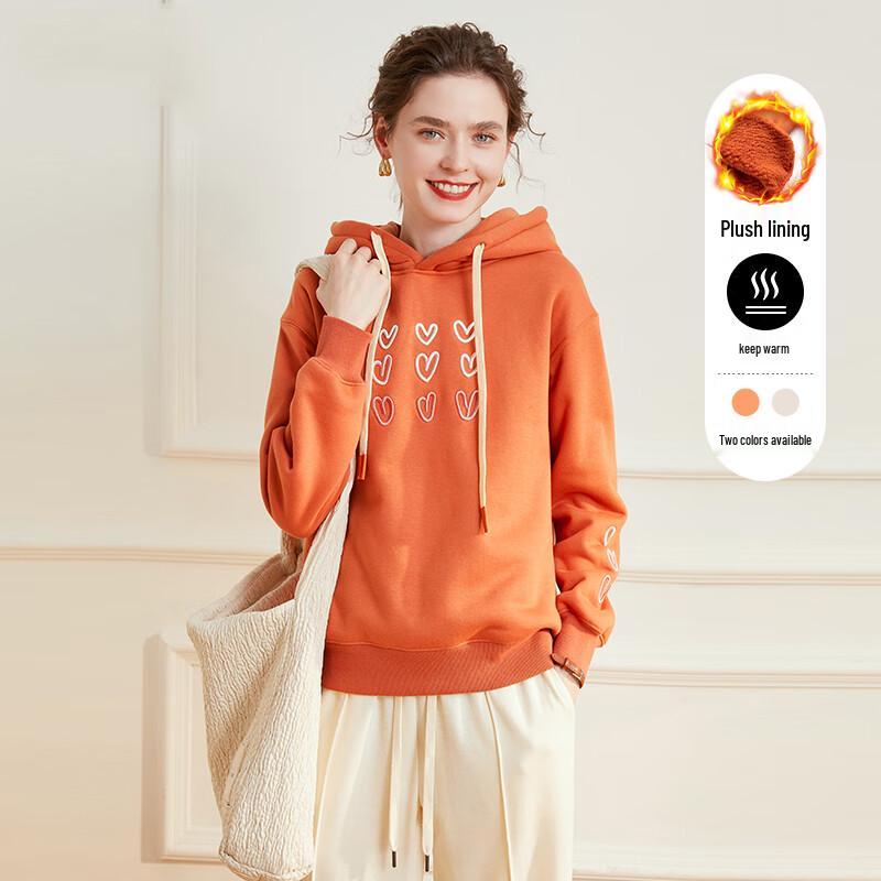 Bailuyu Women's Autumn/Winter Fleece-Lined Hooded Sweatshirt with Heart Embroidery
