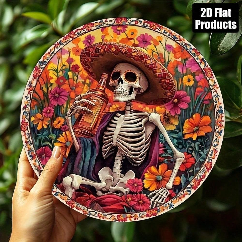 Skull Wine Metal Sign 8x8 Inch Round Aluminum 2D Flat Wall Art Decor for Home Bar Cafe Kitchen Office Holiday Gift