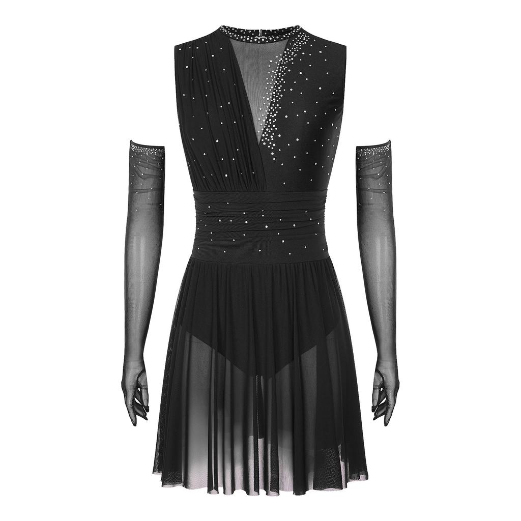 Damska sukienka do łyżwiarstwa figurowego Długie rękawiczki Bez rękawów Błyszczące cyrkonie Odkryte plecy Spódnica Trykot
