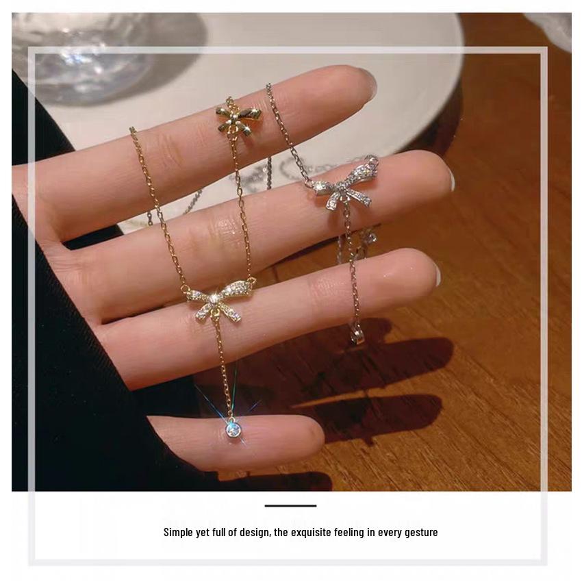 Elegant S925 Sterling Silver Bow Tassel Necklace: Luxury Clavicle Chain for Women with a Chic, Sophisticated Touch.