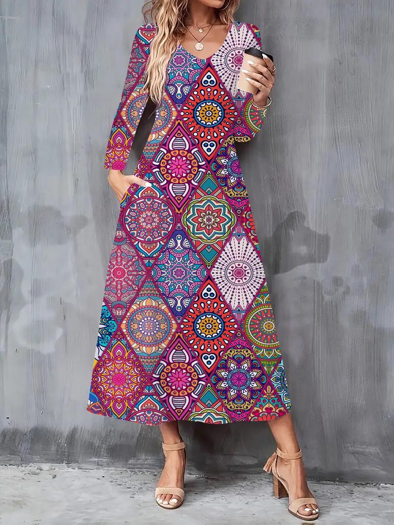 Rochie nouă de toamnă și iarnă 2025 pentru femei, casual, la modă, cu imprimeu geometric 3D, mâneci lungi, decolteu în V, rochii A-line