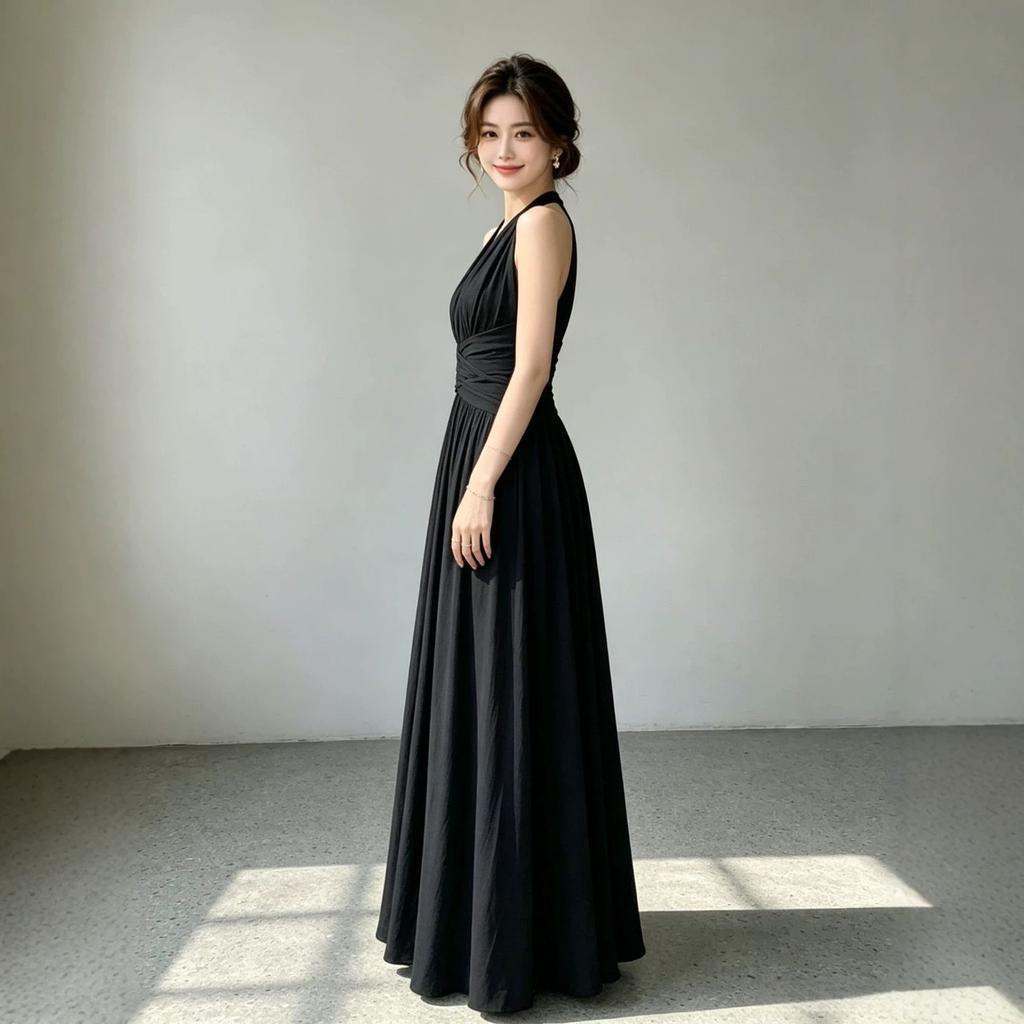 French sleeveless super large swing skirt women's summer new V-neck waist travel waist thin solid color dress