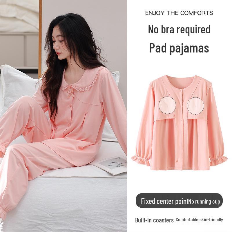 Women's Cotton Pajama Set: Cardigan, Long Sleeve, Long Pants with Chest Pad – Fashionable and Casual Autumn Homewear