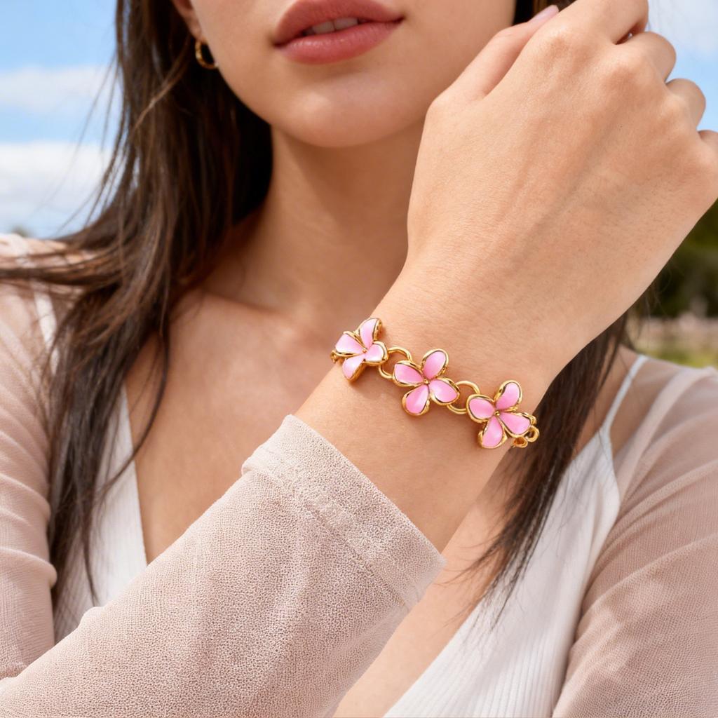 Luxuriöses Rosa Blumenarmband für Damen Mädchen Süß Verstellbare Gliederkette Florale Armbänder Goldfarben Anhänger Schmuck Geschenk