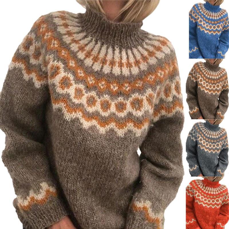 Maglione da donna a collo alto con motivo Fair Isle, lavorazione grossa, jacquard etnico vintage, manica lunga, caldo pullover