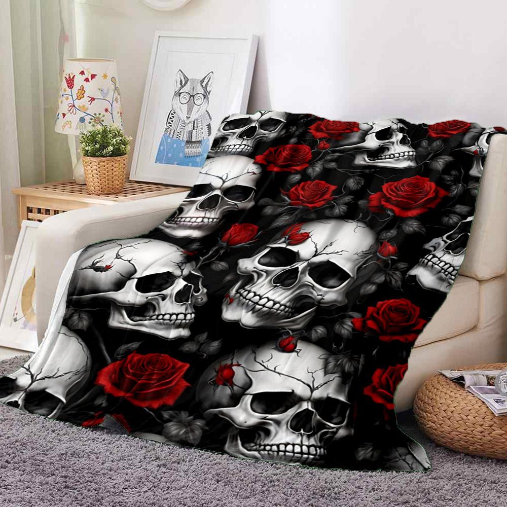 Skulls Roses Flannel Blanket Throw Blanket Soft Warm Sofa Bed Camping Car Home Decor Unique Christmas Gift C9301270