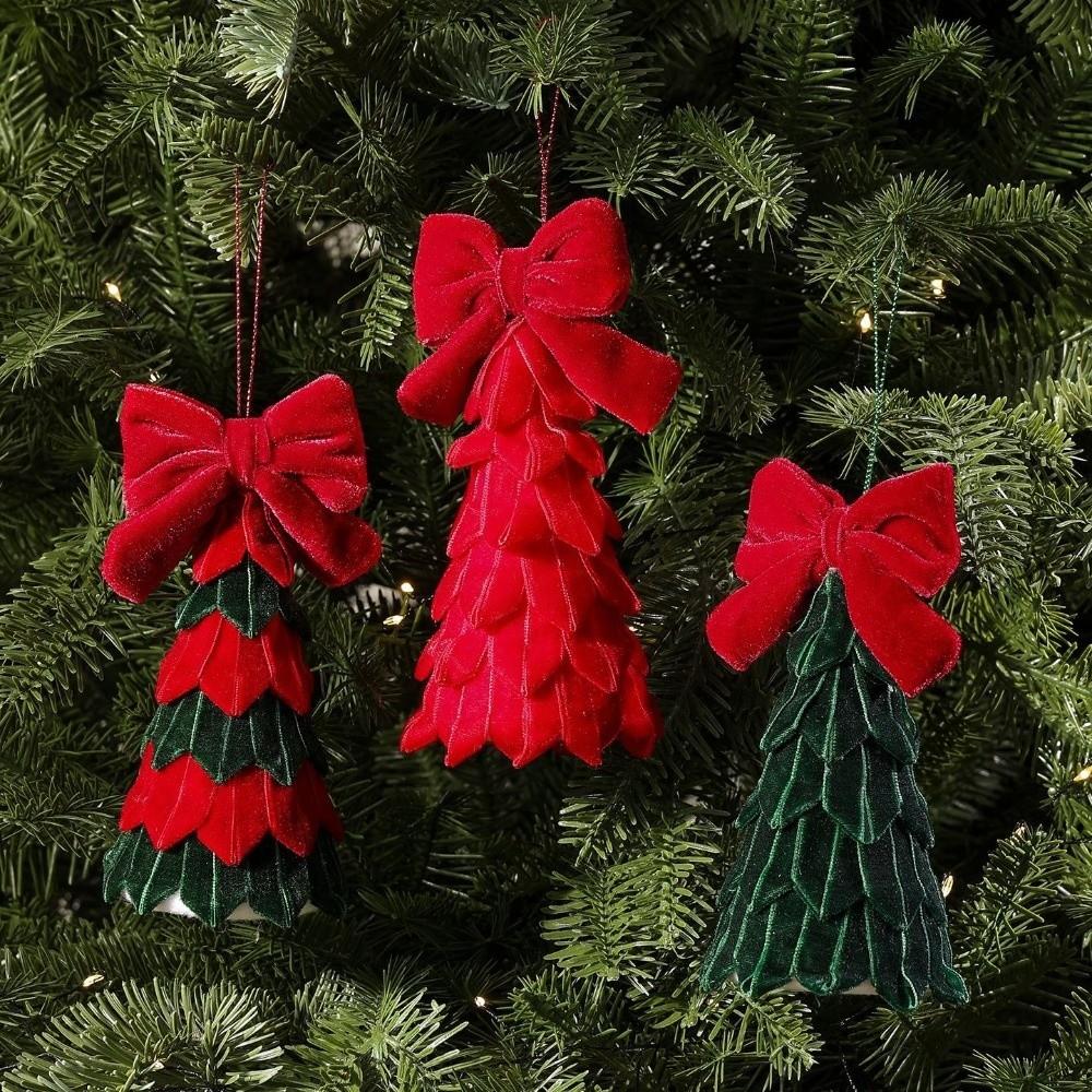 Vintage Bow Fabric Xmas Tree Pendant Layered Cut Tree-Shaped Holiday Hanging  Christmas Desktop