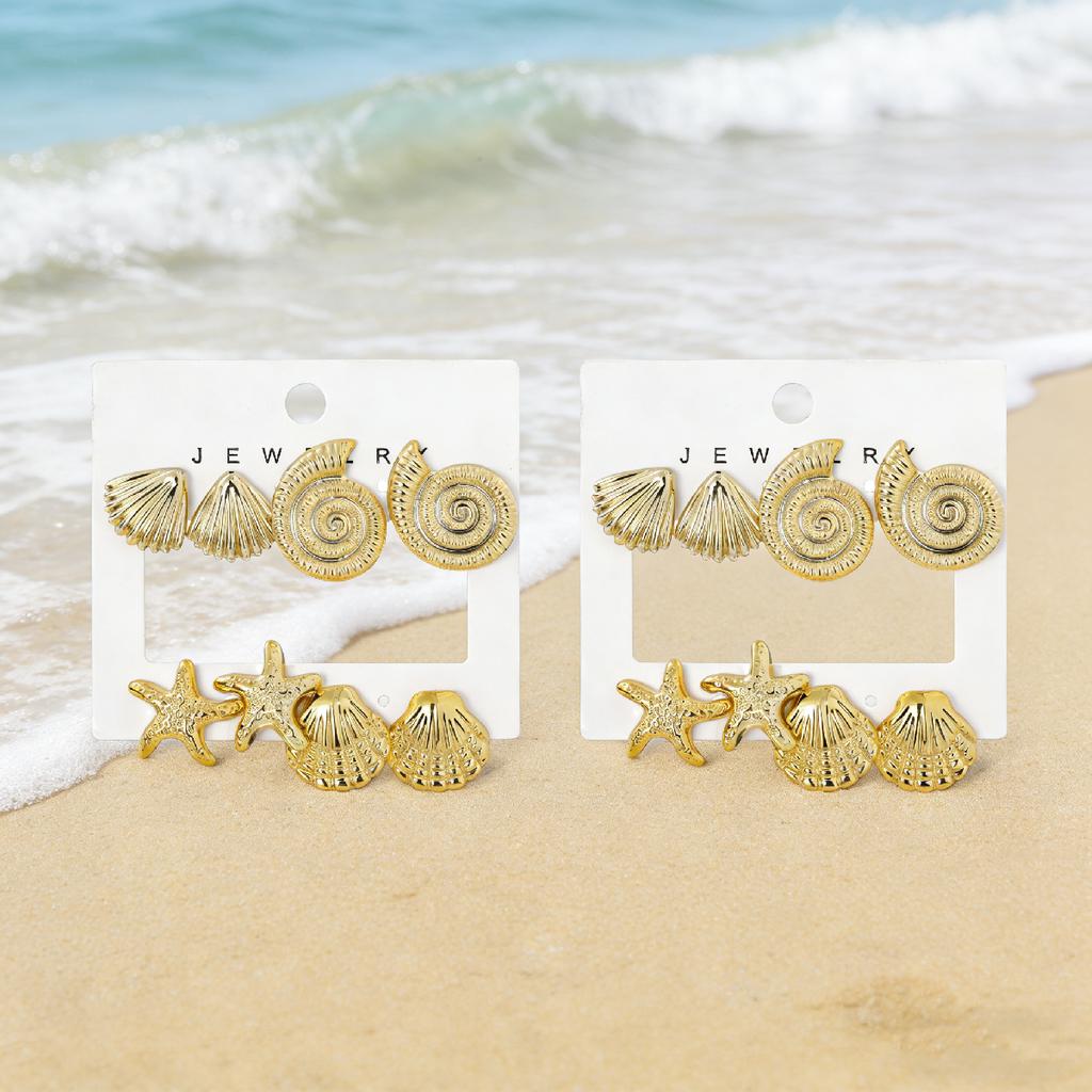 4 Pairs of Ladies' Golden Ocean Style Earrings Set, Shell Starfish Conch Vacation Earrings