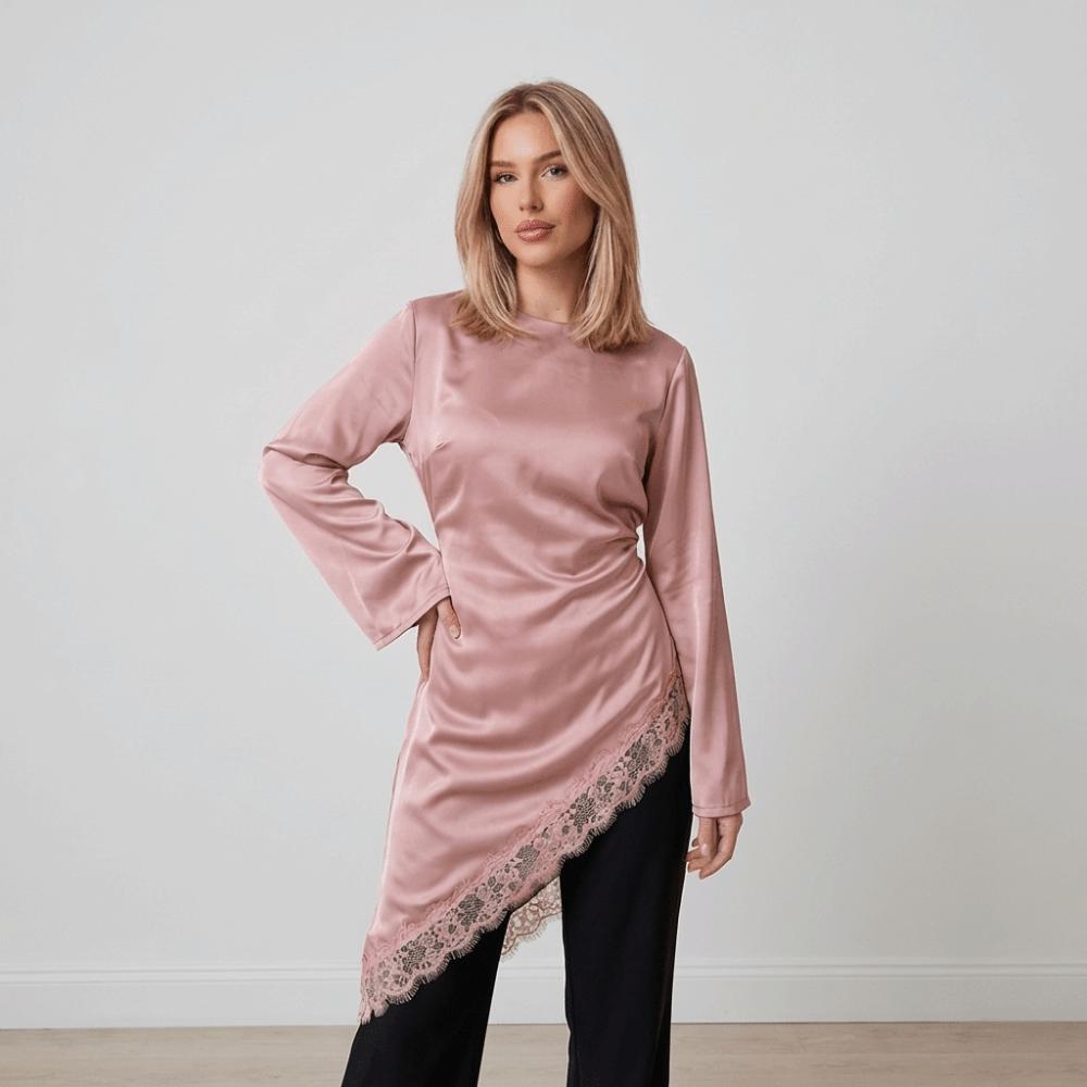 Long Sleeve Drooping Style Blouse Lace Lower Hemline Long Shirt Irregular Dress Commute Outing