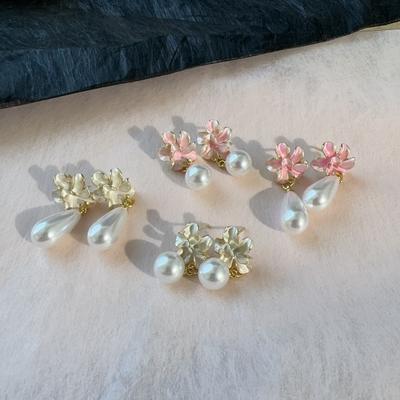 Pendientes Colgantes de Flor de Esmalte Rosa con Aceite y Perla de Imitación Elegantes para Mujer, Fiesta de Boda, Bonitos Regalos de Joyería Coreana