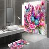 4Pc Pink Glitter Floral Shower Curtain Set Rose Bathroom Sets Butterfly Diamond Shower Curtain with 12 Hooks Bathroom Decor with