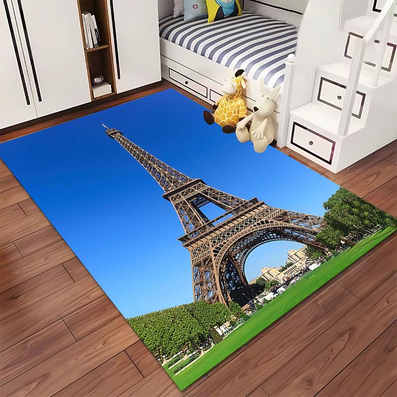 Eiffel Tower Design Carpet with Blue Sky and Green Background Suitable for use as an anti-slip for living room bedroom sofas