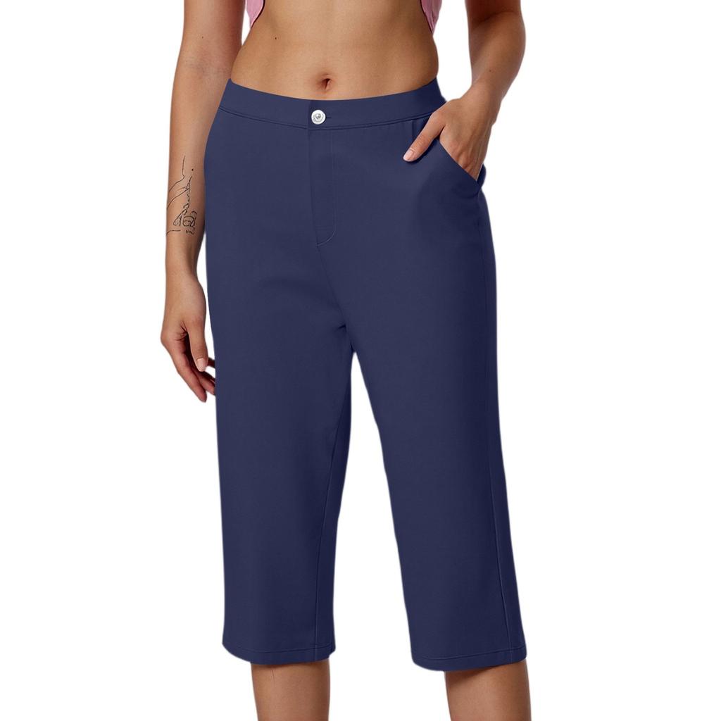Women's Fashionable Solid Color Button Pocket Pants With  High Waist Sports Yoga Casual Cropped Pants