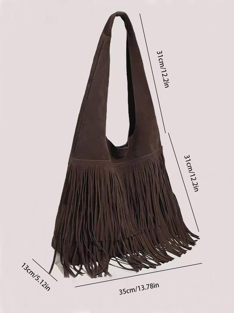Retro Tassel Bag, Coffee Color Large-Capacity Tote Bag, High-Grade Textured Deerskin Velvet Shoulder Underarm Bag, Versatile Big Bag.
