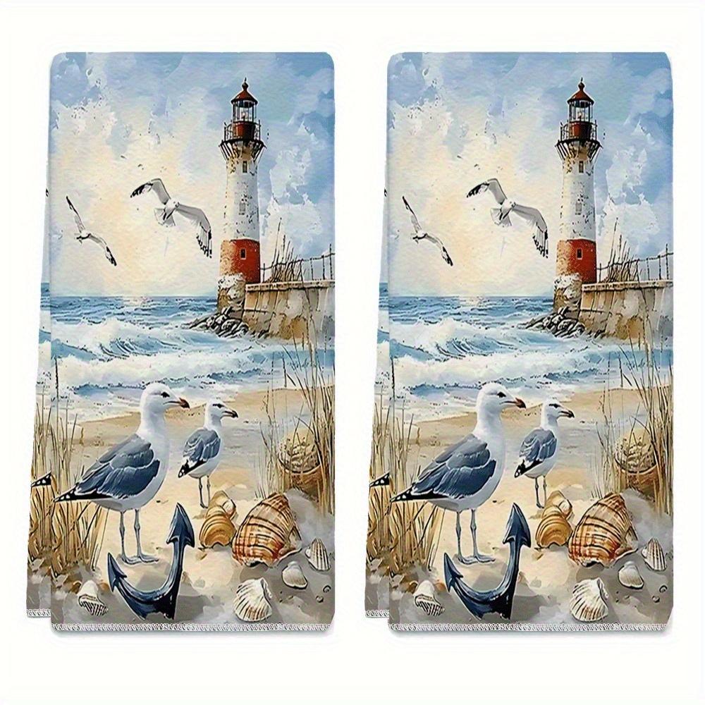 2PCS Lighthouse Seagull Coastal Kitchen Towels Microfiber Quick Dry Absorbent Dish Towel Washable Camping Cooking Bathroom Decor