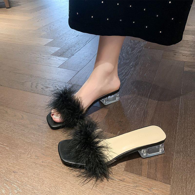 Temperament Thin Thick Heel Crystal One-word Drag with Fluffy Cool Slippers Women's 2025 Korean Version Fashion Outer Wear New Middle Heel