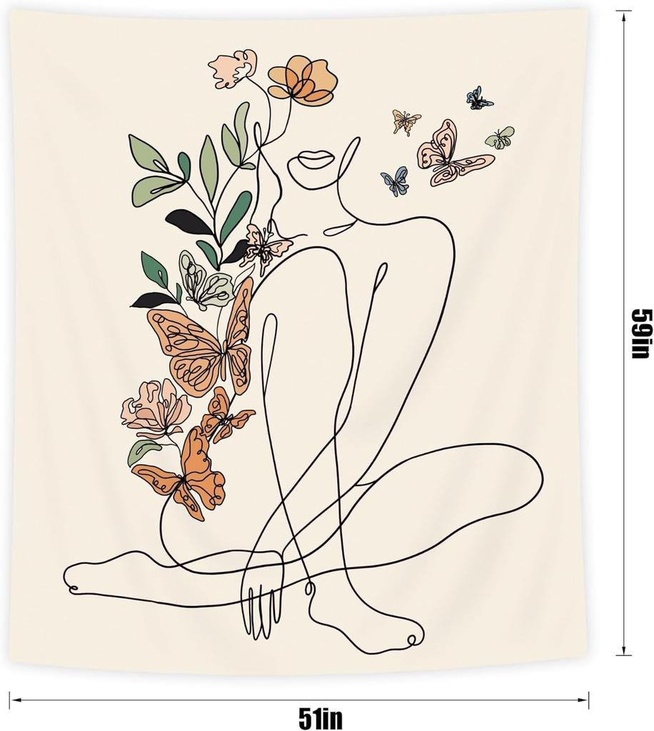 Abstract Woman Butterfly Fabric Wall Hanging Tapestry Minimalist Modern Flower Plant Mid Century Terracotta Aesthetic Portrait