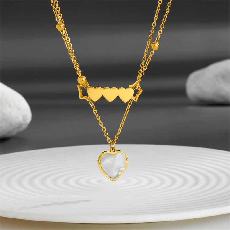 Titanium Steel Double Layer Necklace with Heart and Star Pendant for Women