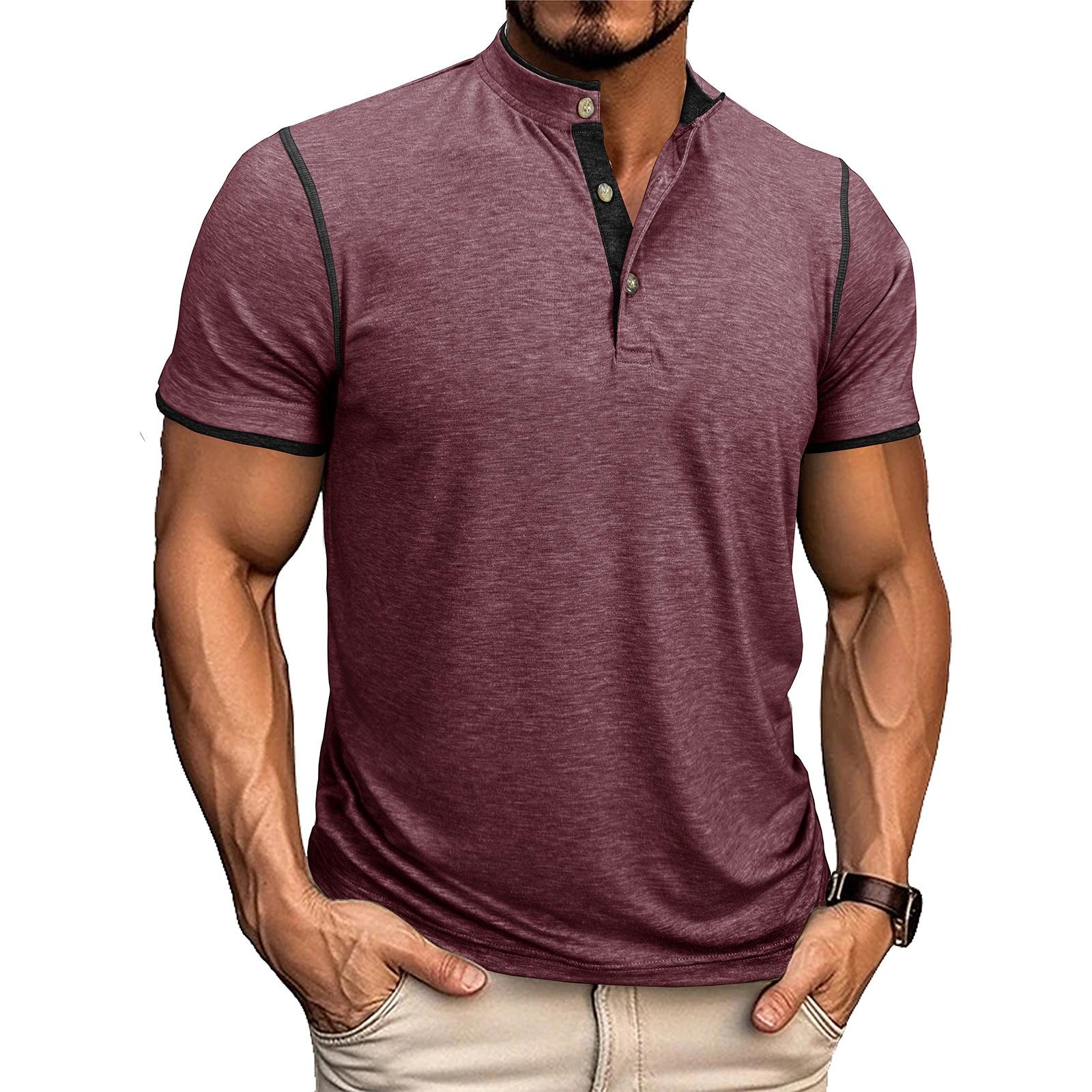 

Men s Layered Style Short Sleeve T Shirt Lightweight Breathable Casual Henley Collar Top Slim Fit Summer Tee for Outdoor Activities XXL винний