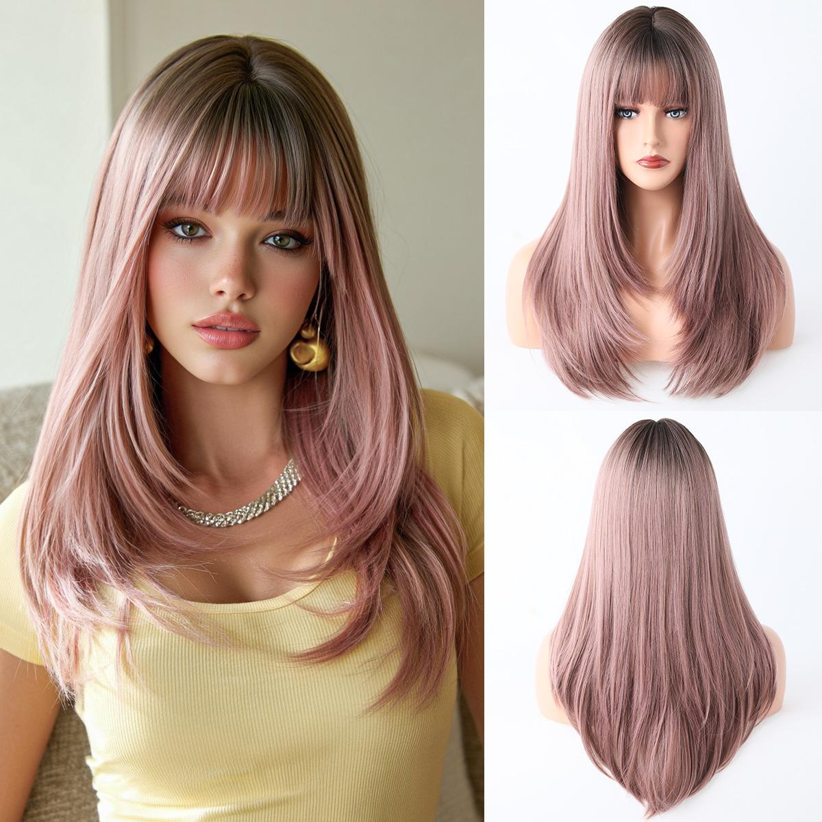 

European and American Style Women’s Straight Wig with Air Bangs Brown Daily Fluffy Synthetic Full Wig рожевий