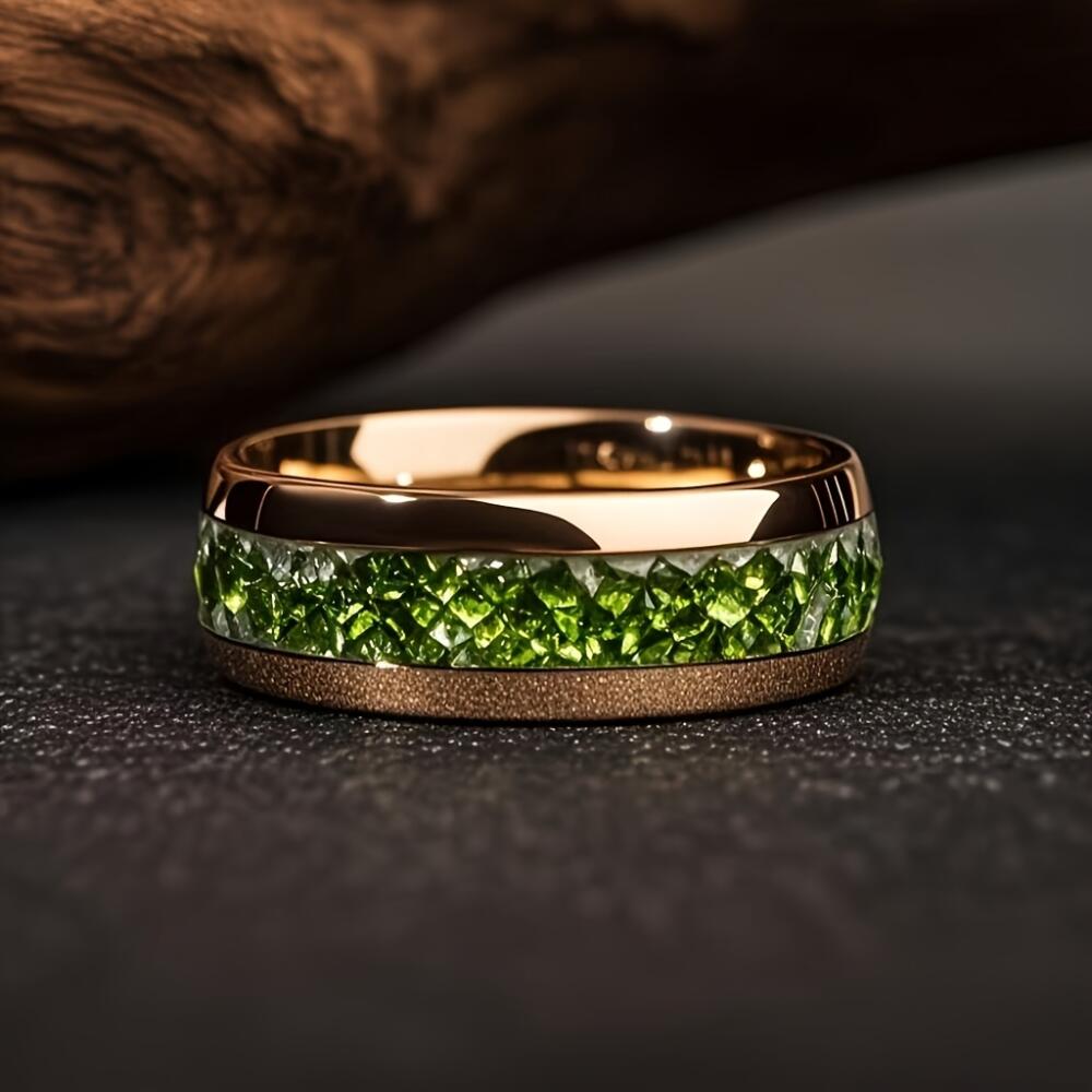 Luxury Green Crystal Stone Rings, Fashion 8mm Men Stainless Steel Ring, High Polished Wedding Band Jewelry Gifts