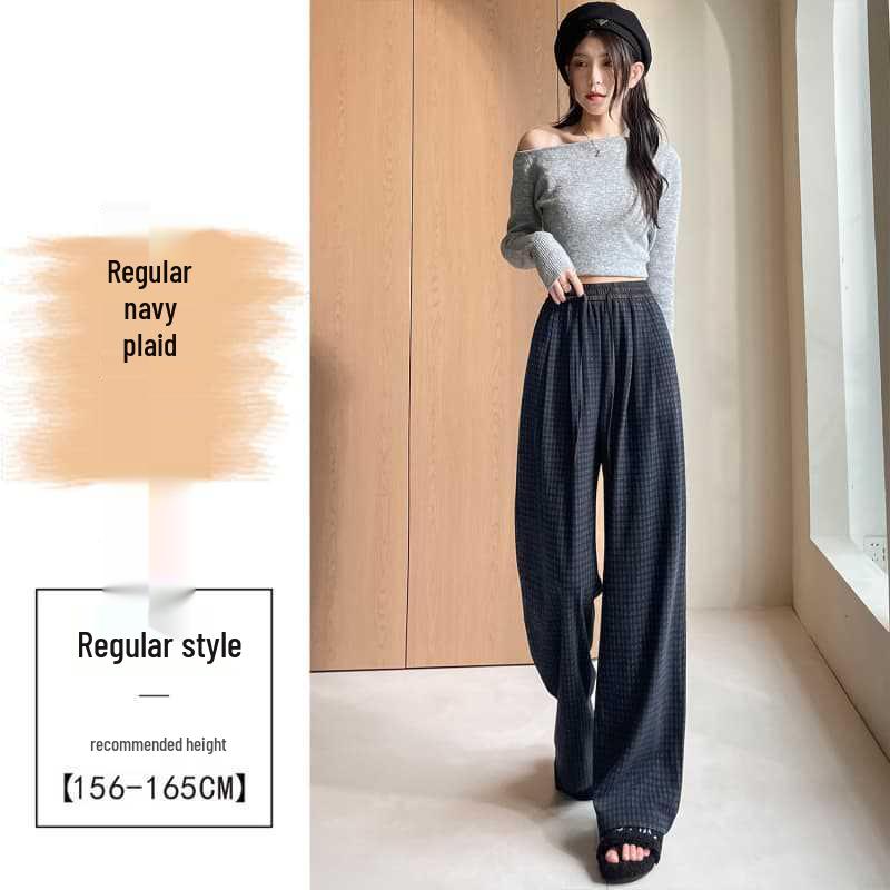 Women's Autumn 2025 Blue Plaid High-Waist Wide-Leg Pants with Drawstring - Retro, Slimming, Casual Style