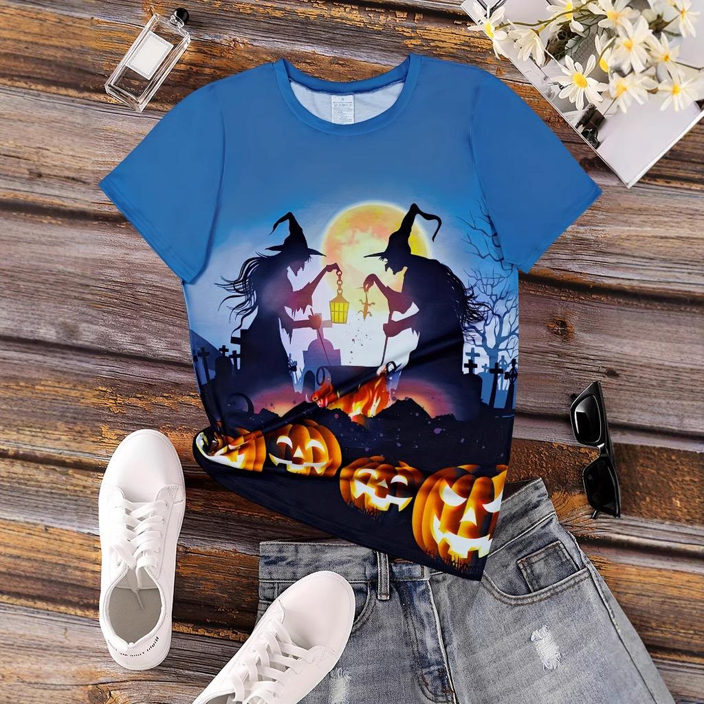 Summer Round Neck 3D Halloween Print Top Fashionable Casual Short Sleeved Women's T-shirts