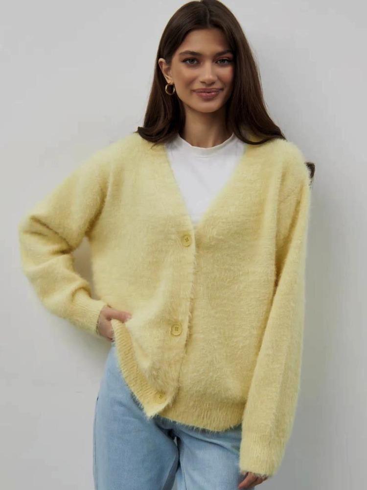 Women Mink Knitted Sweater Solid Color Cardigan Loose V Neck for Autumn Winter