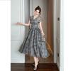 Summer Women's French Retro V-neck Temperament, Waist Cinching Printed Large Swing Long Dress